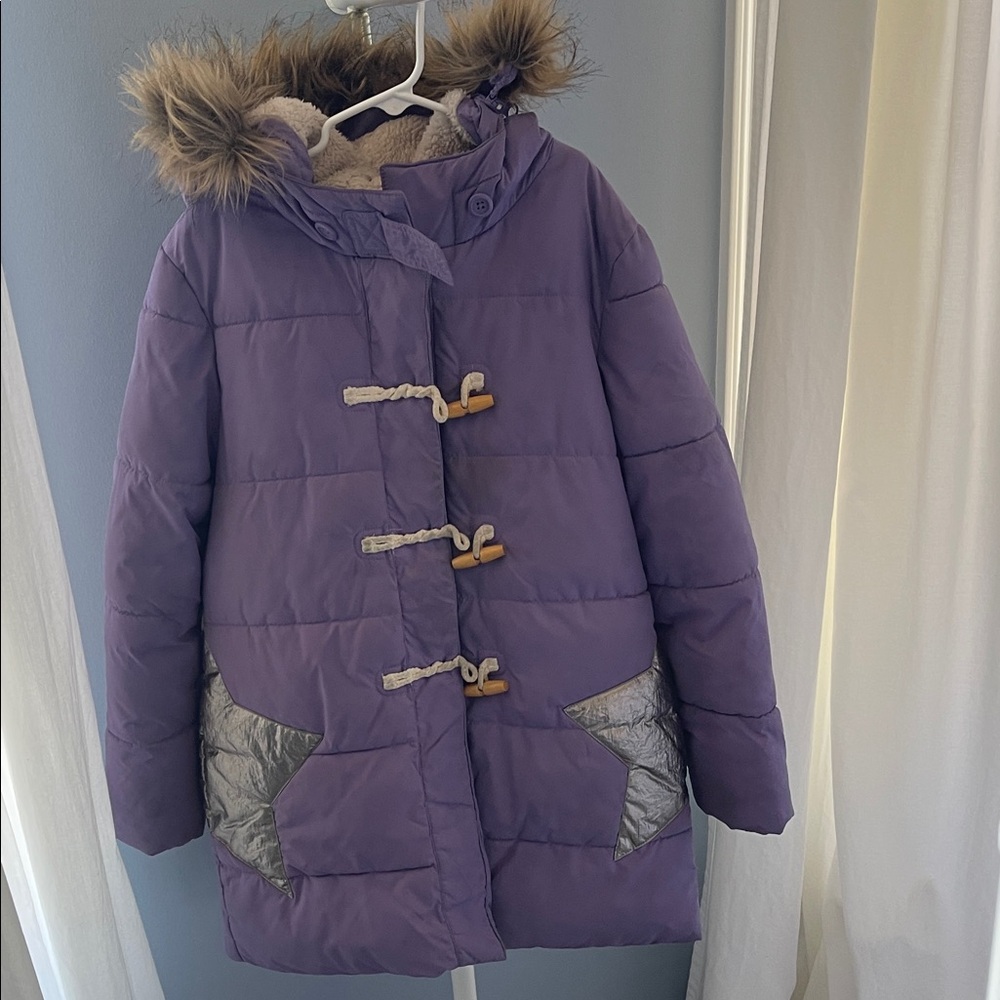 Boden Purple Kids Puffer Jacket with Faux Fur